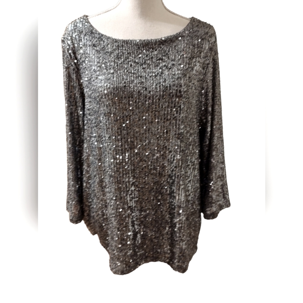 NWT Ann Taylor Size XL pewter/blue-gray sequinned long sleeve top